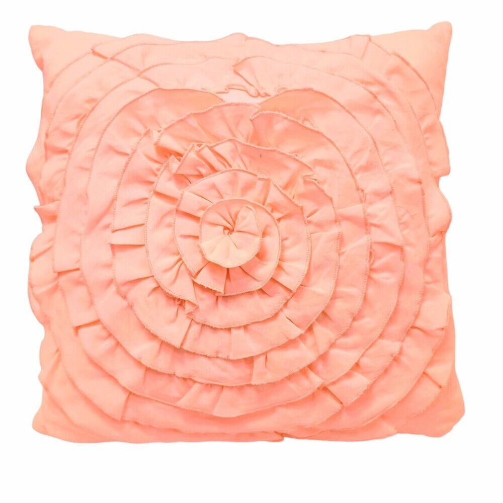 Floral Ruched Ruffle Throw Pillow Peach Rose Cottage Romantic Feminine Granny